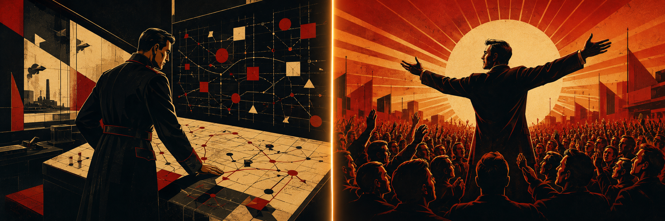 SLE vs SEE — split composition showing strategic tactical force on the left and charismatic personal drive on the right, amber dividing line