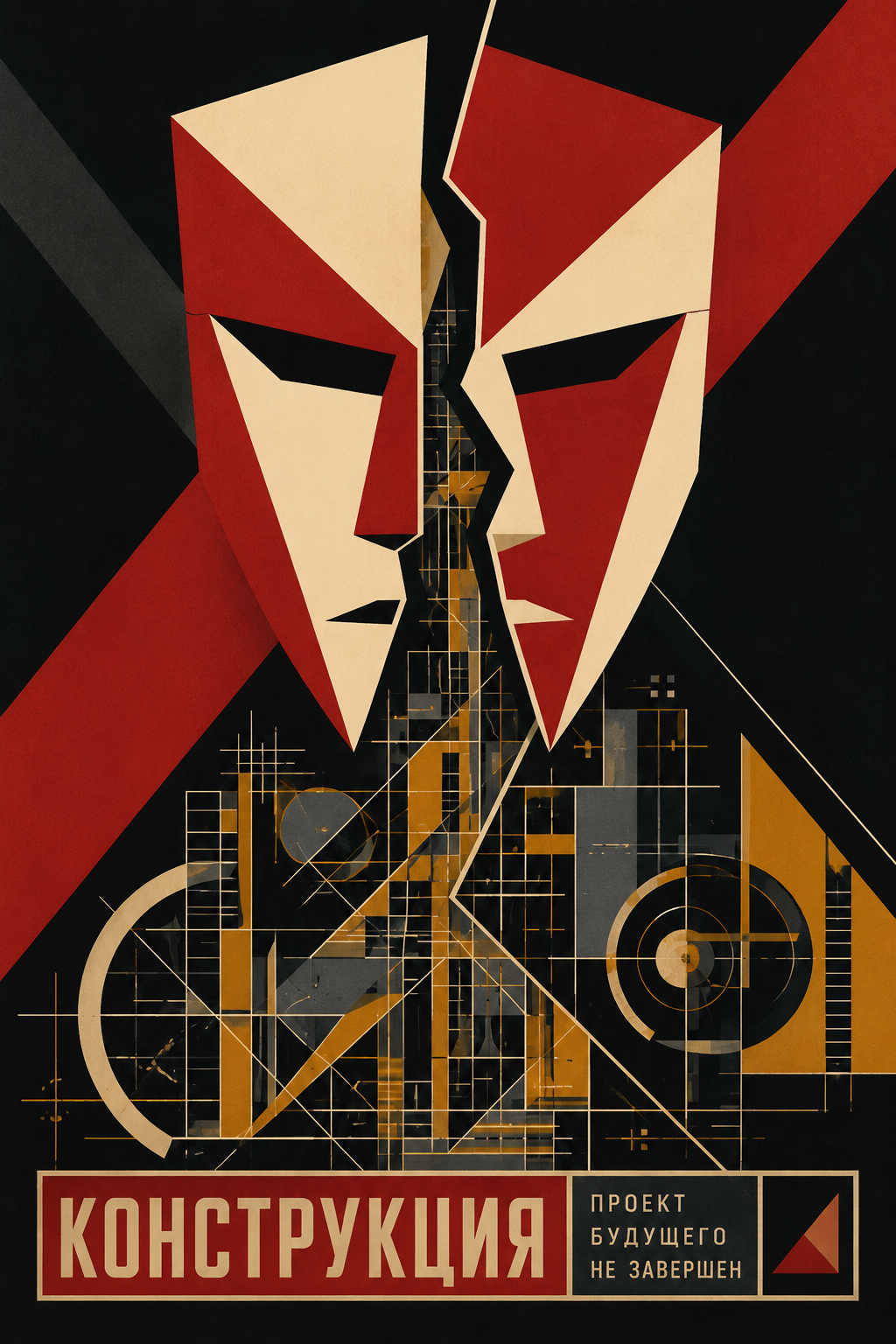 Constructivist image of a divided mask over an unfinished geometric structure, representing uncertainty in typing.
