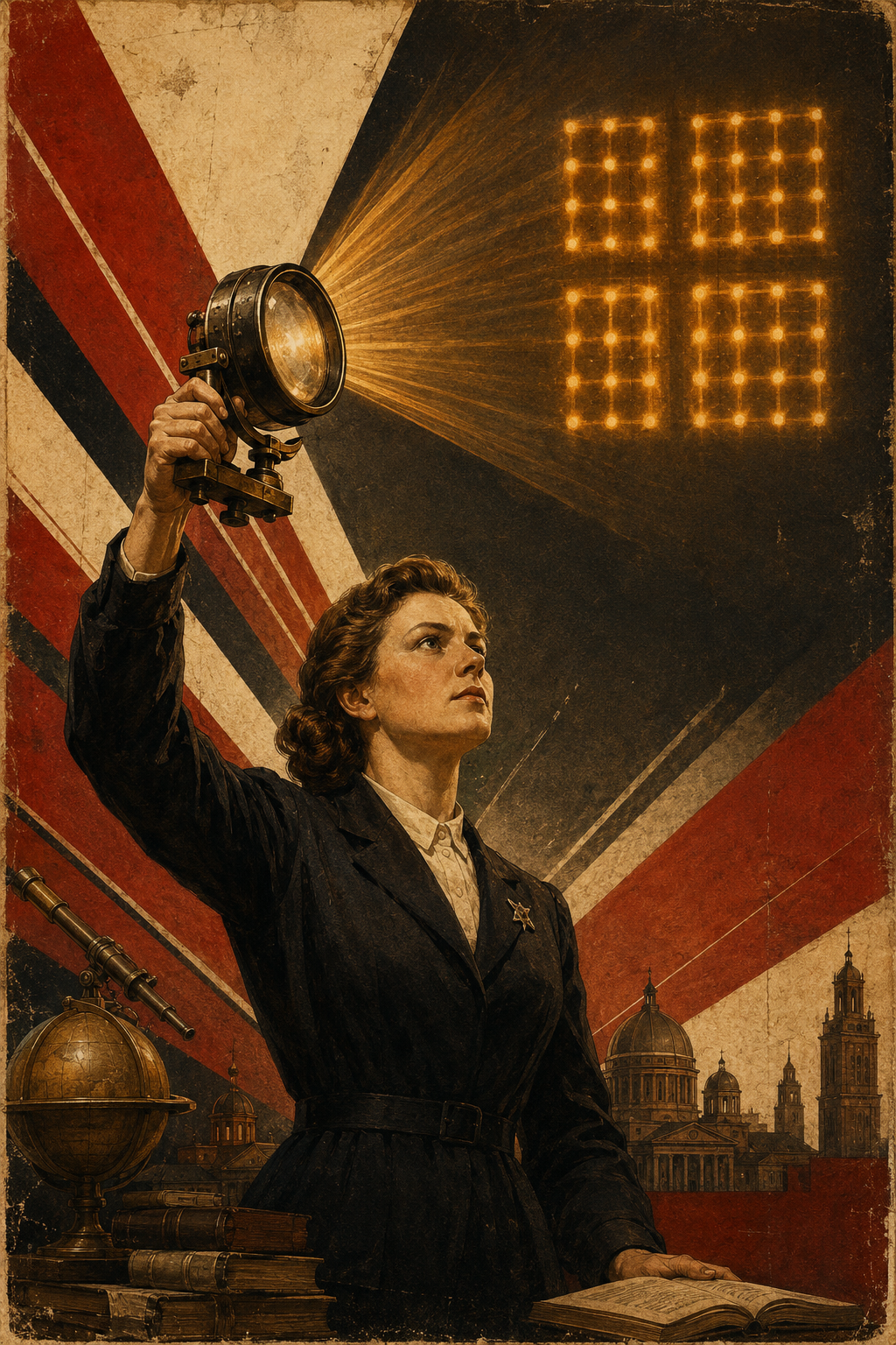 Soviet constructivist illustration of a scholar projecting a four-by-four grid of amber light onto a dark wall, the socion made visible
